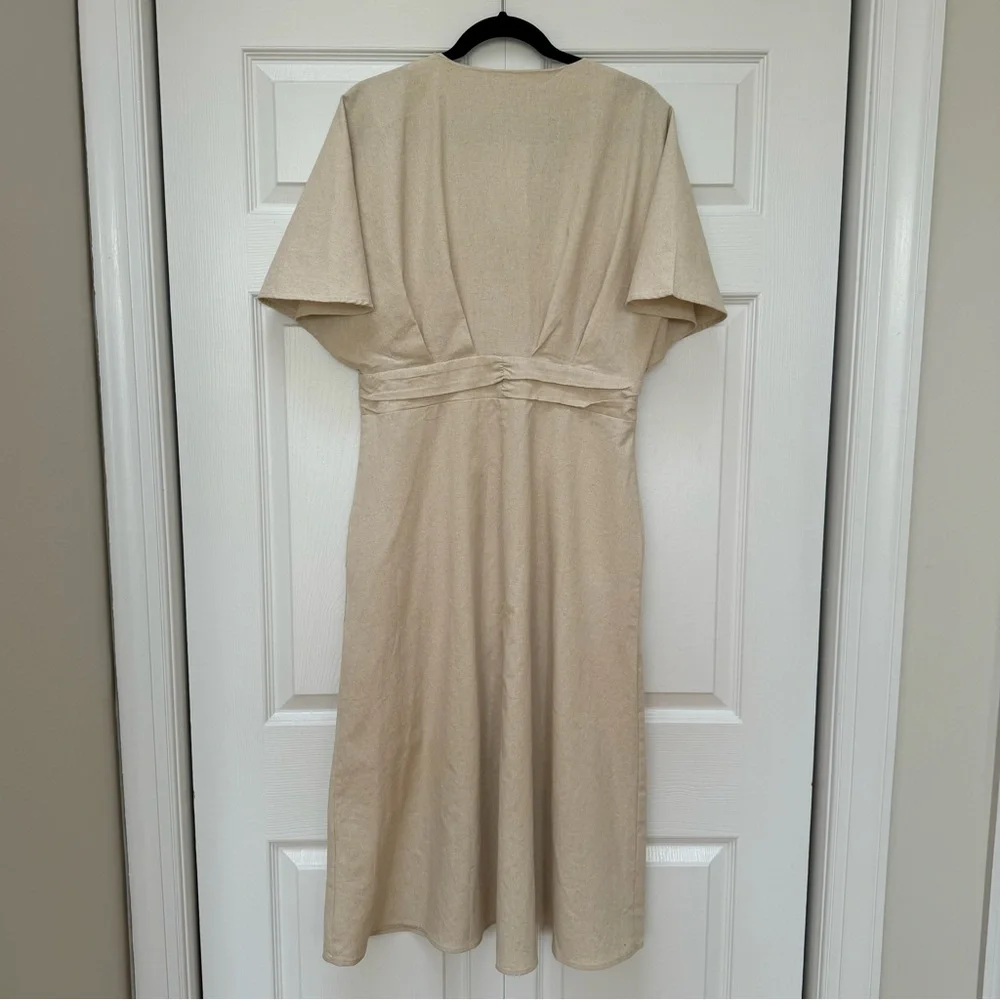 Linen Blend Ruffle Ruched Midi Dress - Picture 4 of 5